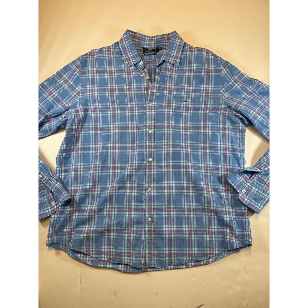 Vineyard Vines Slim Fit Tucker Shirt Men XL Blue‎ Plaid Button Front Whale Logo